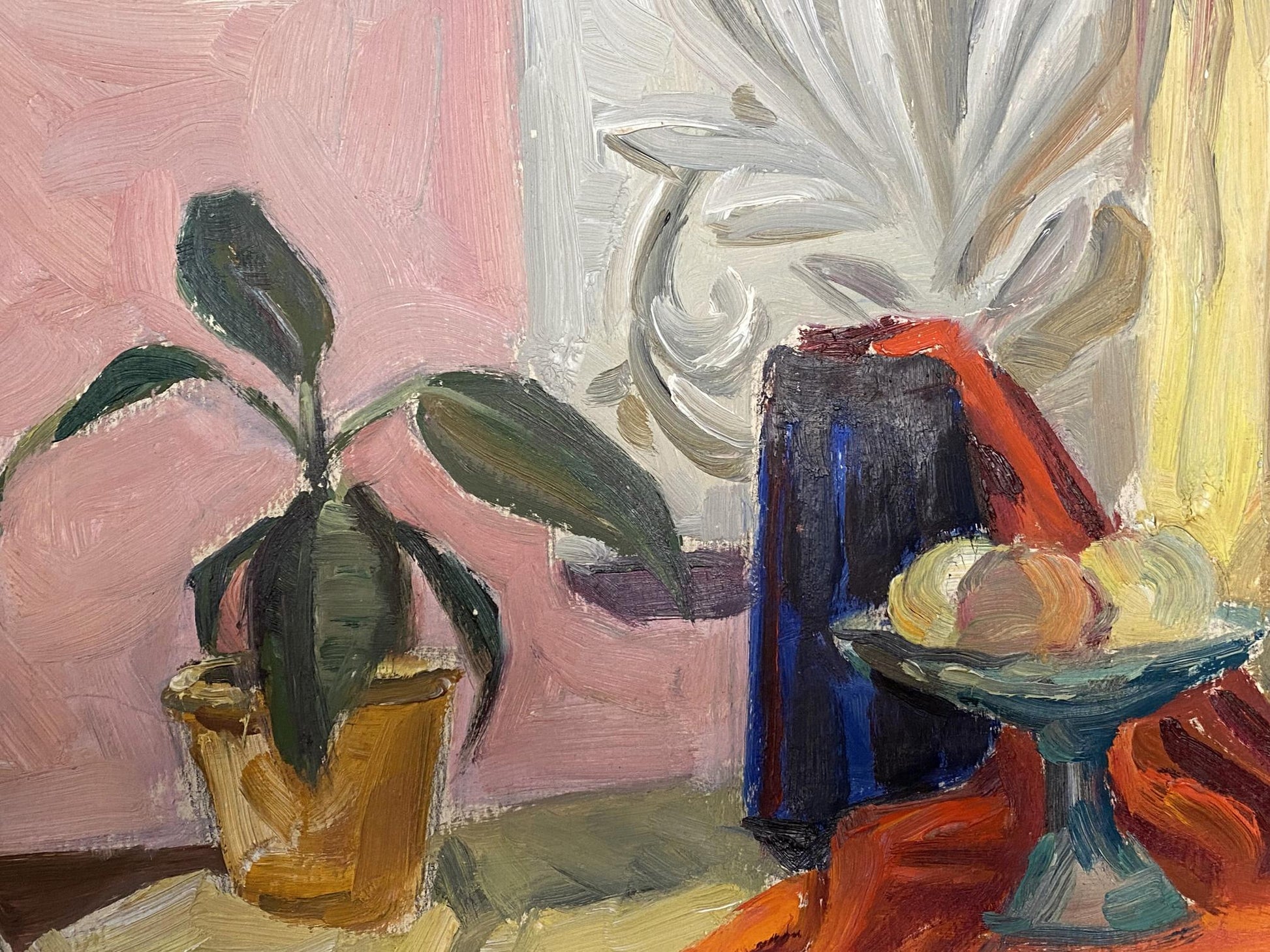Oil painting of potted plant with dark green leaves in terracotta pot by Selskaya Margarita Ivanovna