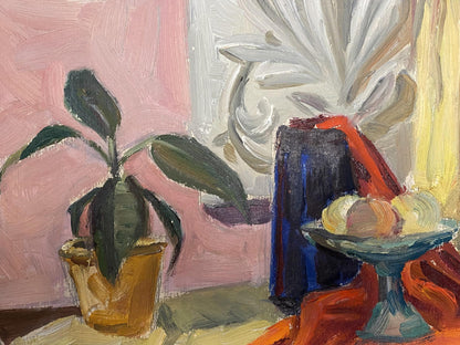 Oil painting of potted plant with dark green leaves in terracotta pot by Selskaya Margarita Ivanovna