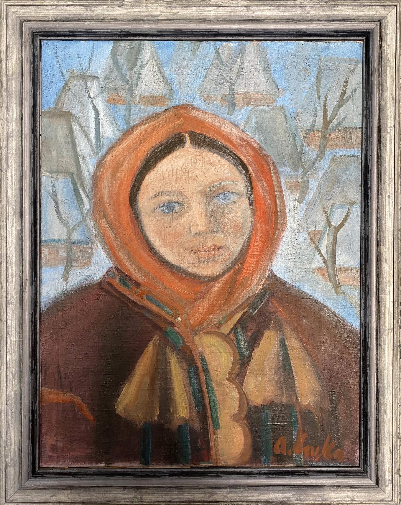 Oil painting Hutsulochka by Kotska Andrey Andreevich, woman in orange headscarf