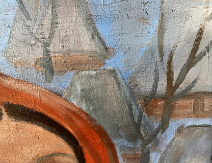 Oil painting Hutsulochka Kotska by Andrey Andreevich, abstract grays blues orange