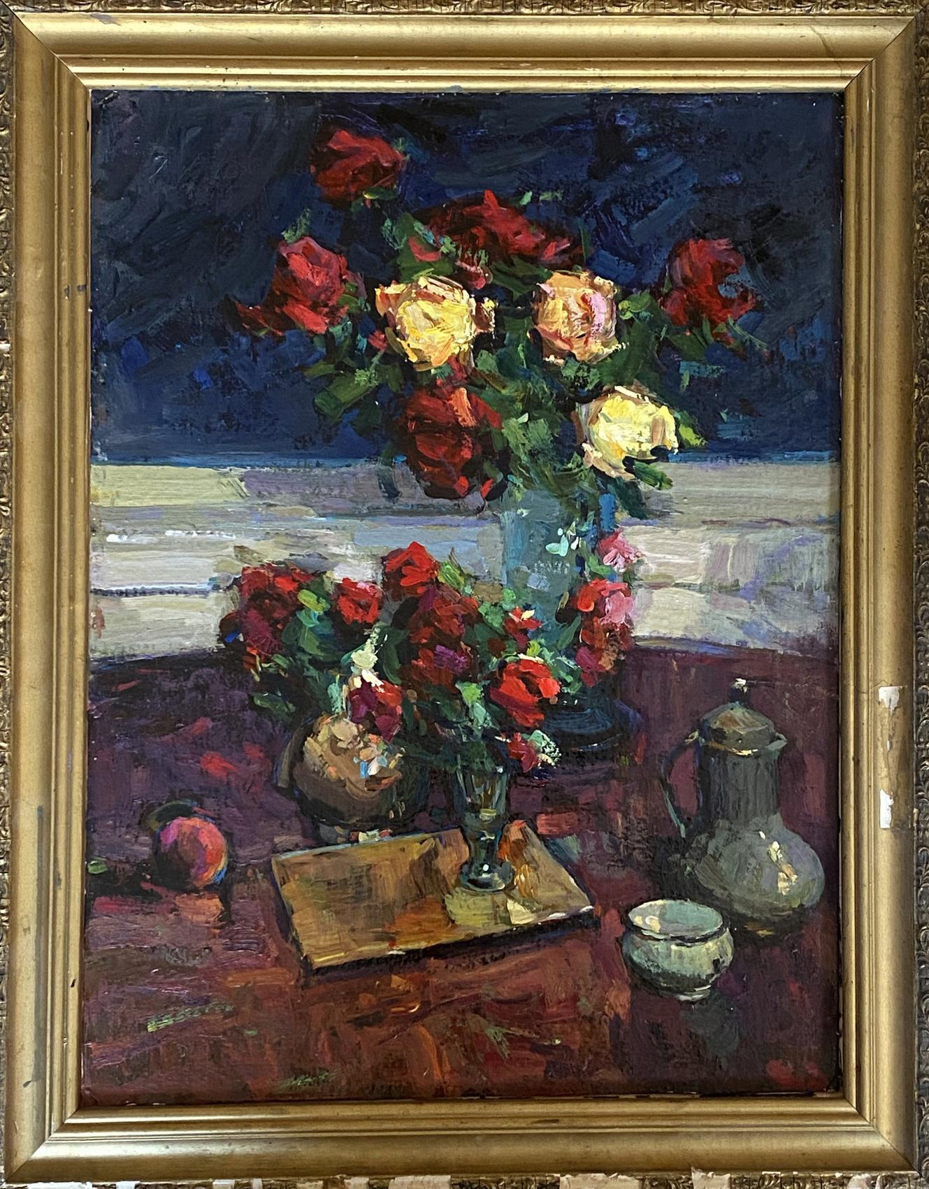 Oil painting Night still life by Ryman Evgeny Nikolaevich: red yellow roses