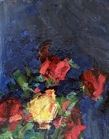 Oil painting Night still life by Ryman Evgeny Nikolaevich: vibrant red and yellow roses with bold textured brushstrokes on dark blue background