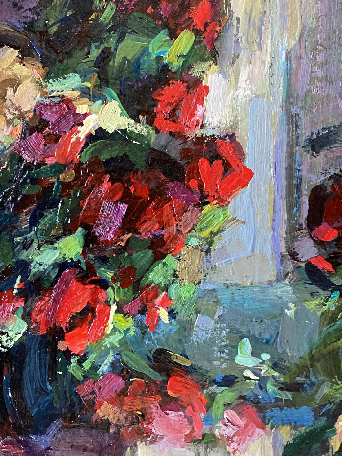 Oil painting Night still life by Ryman Evgeny Nikolaevich: vibrant red and green flowers in dark blue vase with bold brushstrokes