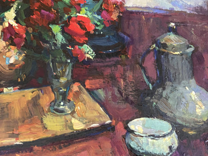 Oil painting of vibrant red and green floral still life in glass vase by Ryman Evgeny Nikolaevich