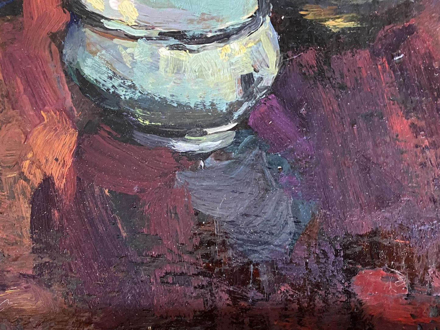 Translucent light blue glass jar in Night still life oil painting by Ryman Evgeny Nikolaevich