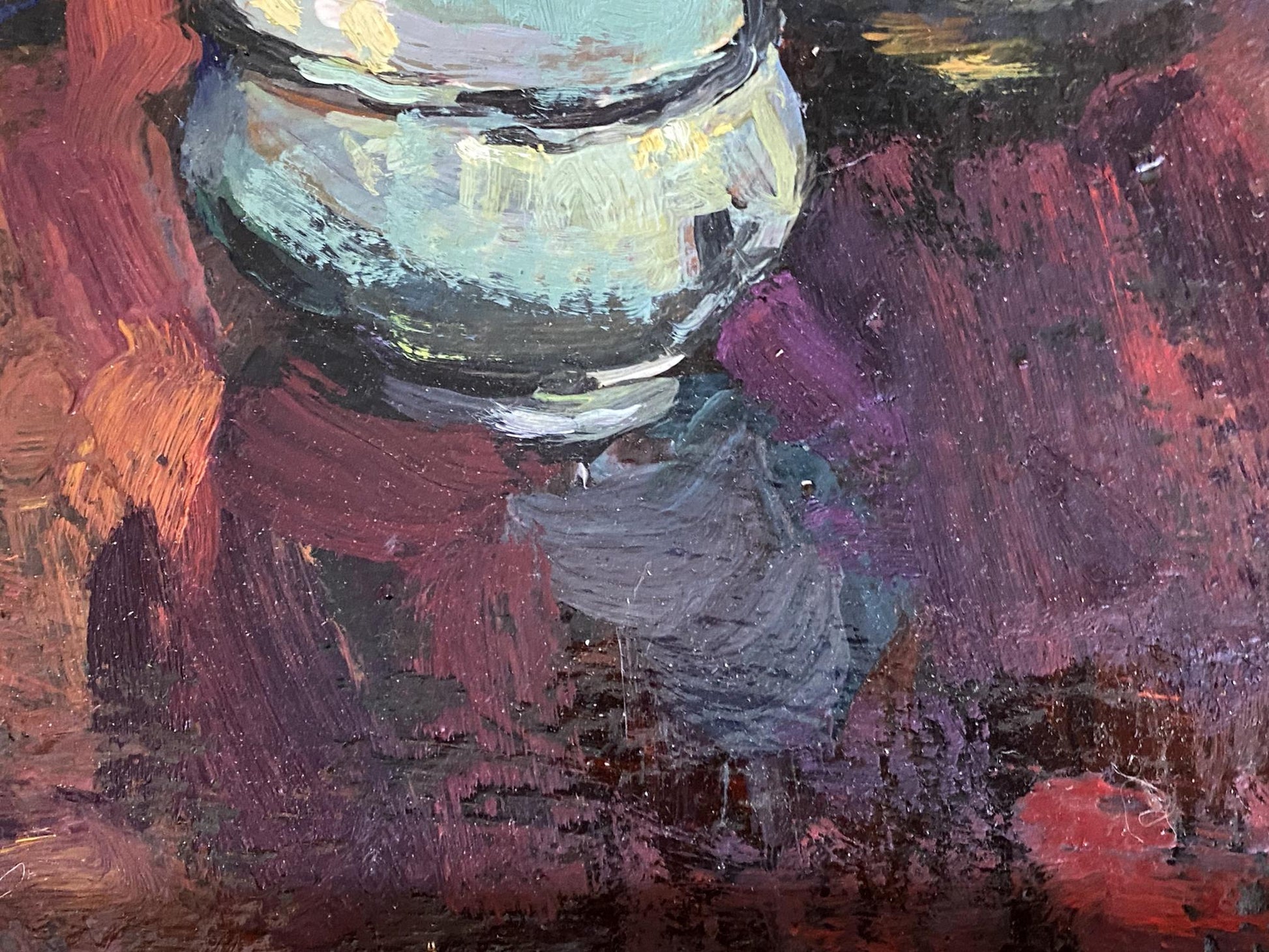 Translucent light blue glass jar in Night still life oil painting by Ryman Evgeny Nikolaevich