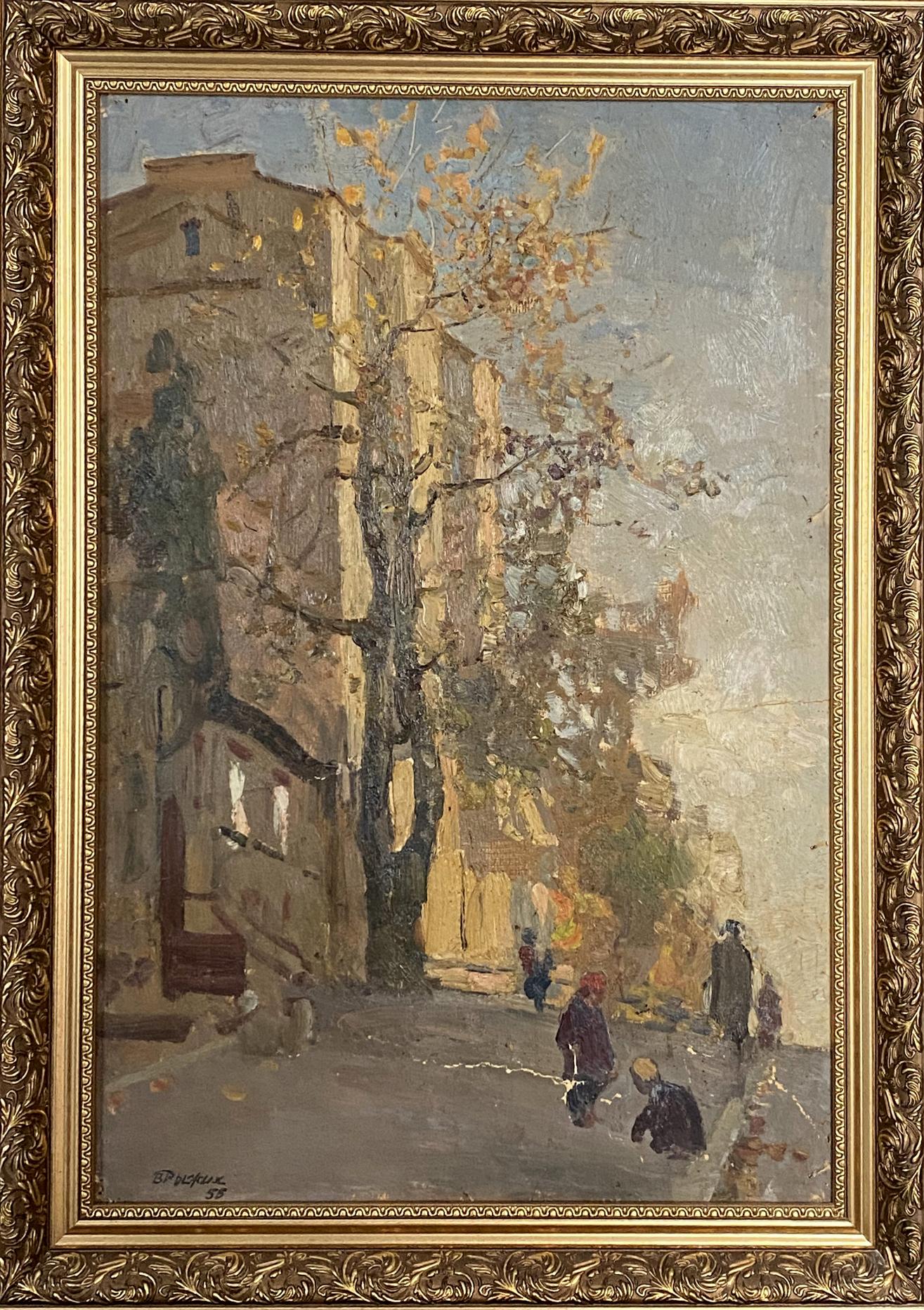 Oil painting of autumn city street by Ryzhykh Victor Ivanovich in gold frame