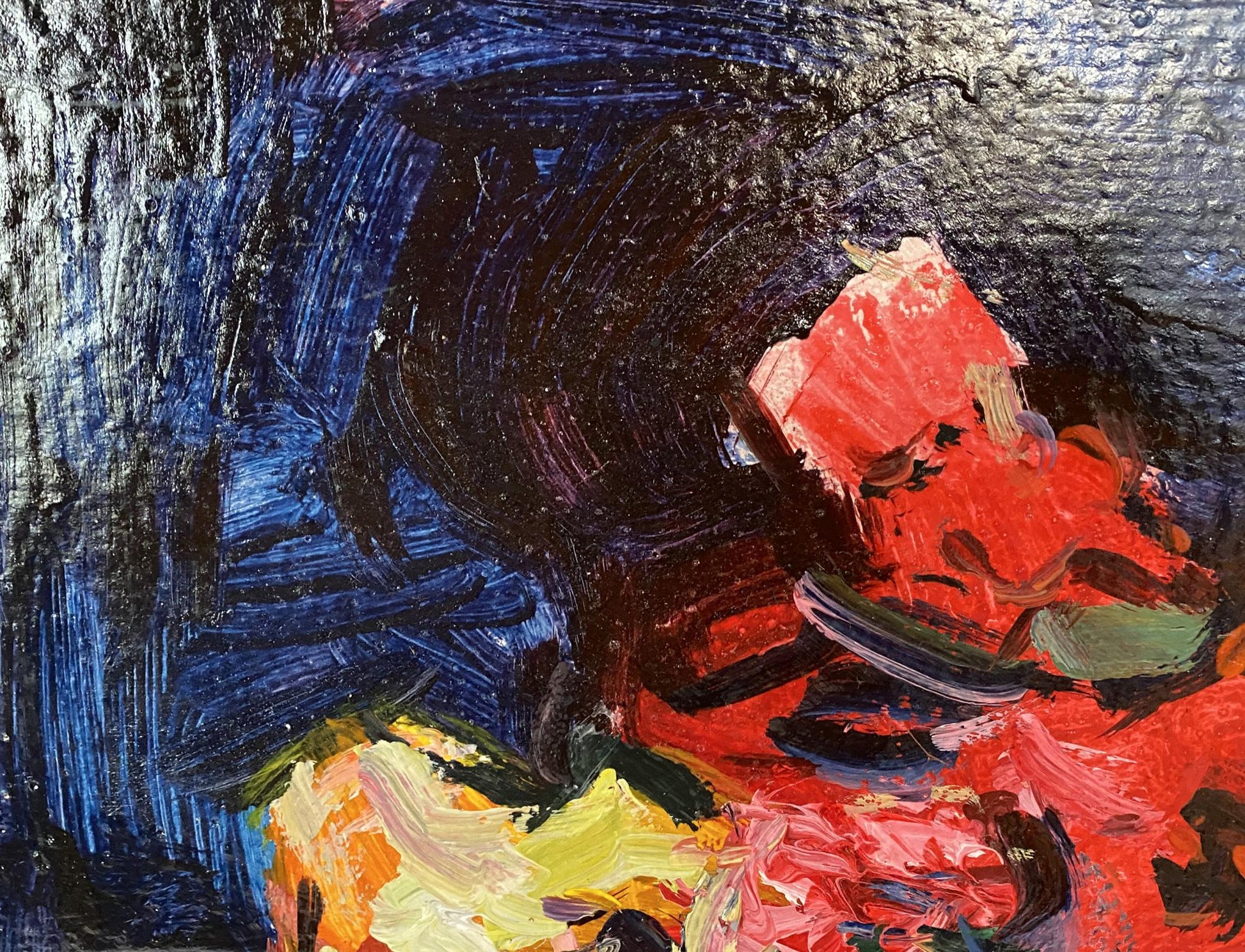 Vibrant Ryman Evgeny Nikolaevich oil painting of vase with flowers in bold red blue yellow strokes