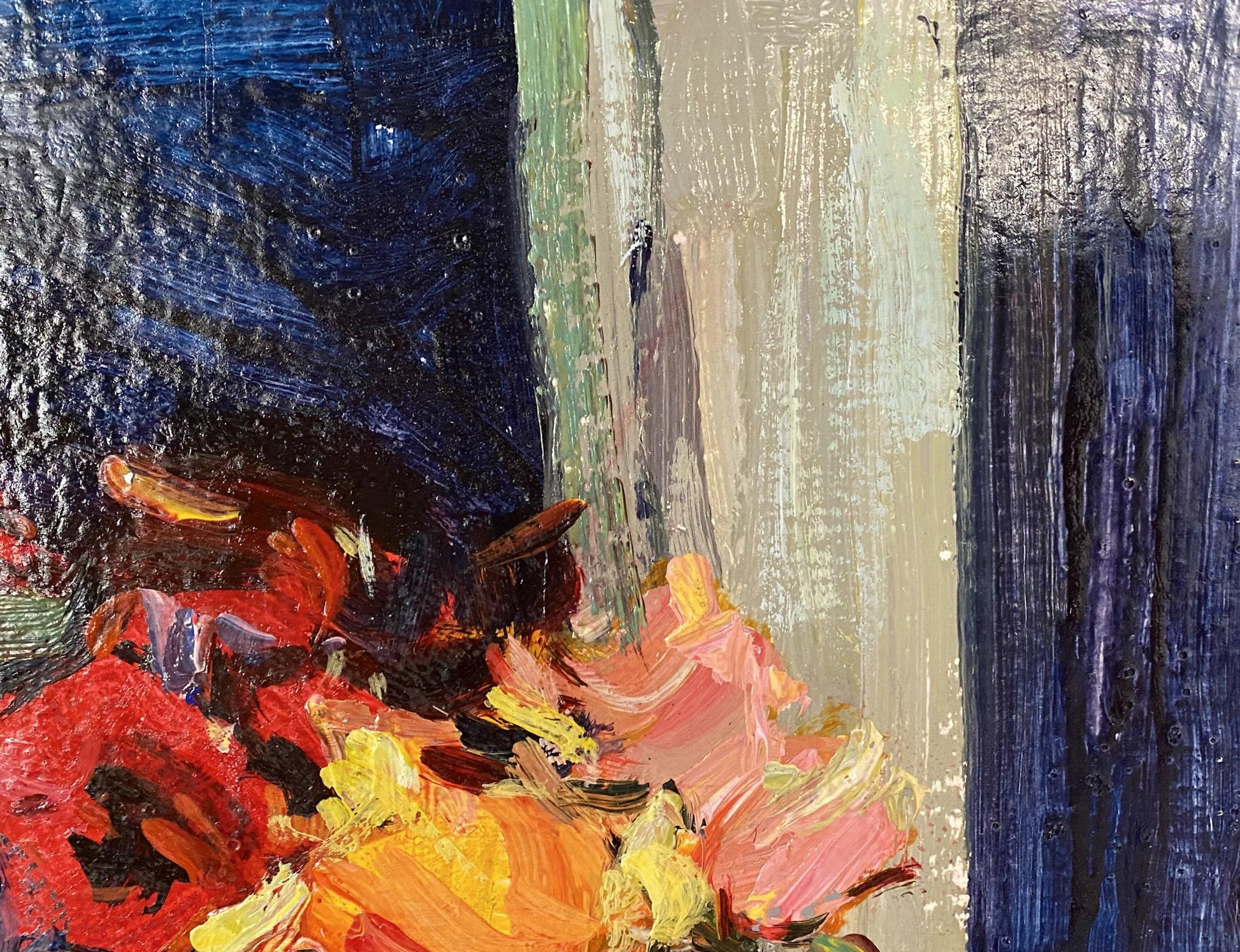 Vibrant Ryman Evgeny Nikolaevich oil painting vase with flowers in bold red orange yellow on blue beige
