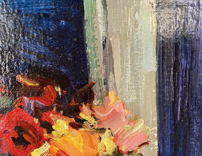 Vibrant Ryman Evgeny Nikolaevich oil painting vase with flowers in bold red orange yellow on blue beige
