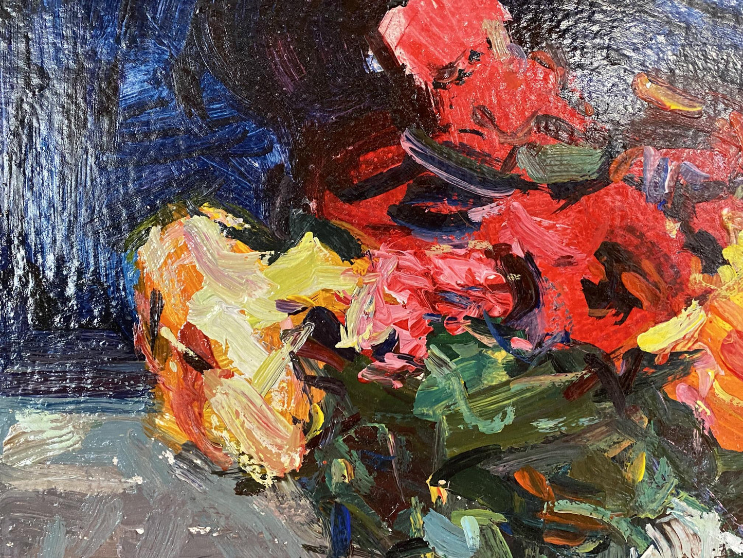 Oil painting of vase with vibrant red orange flowers by Ryman Evgeny Nikolaevich