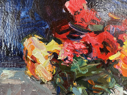 Oil painting of vase with vibrant red orange flowers by Ryman Evgeny Nikolaevich