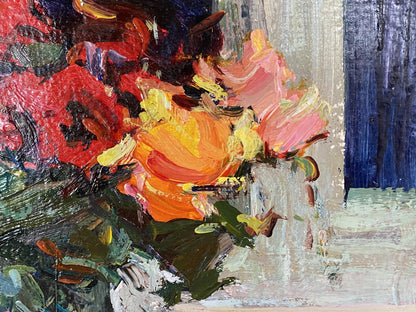 Vibrant impressionist oil painting of flowers in vase by Ryman Evgeny Nikolaevich