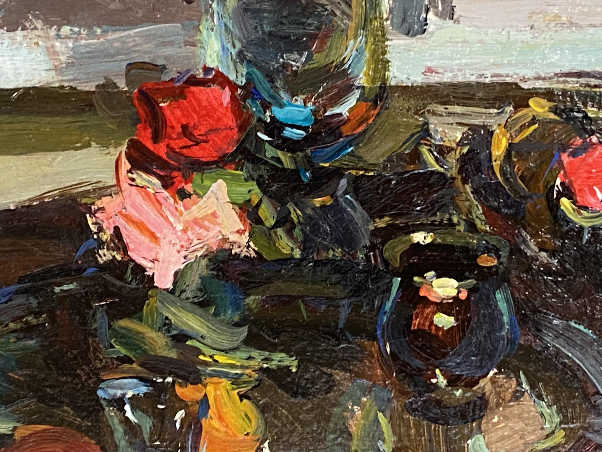 Oil painting of vibrant red pink roses in dark textured glass vase by Ryman Evgeny Nikolaevich