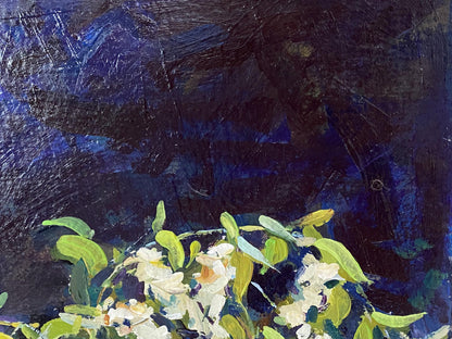 Vibrant impressionist oil painting Still life at the night window by Dragomirova Nina Stepanovna