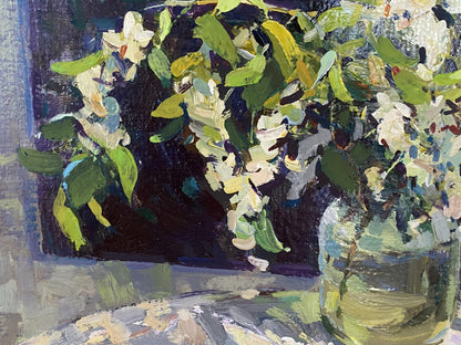 Vibrant impressionist oil painting of white wisteria by Dragomirova Nina Stepanovna