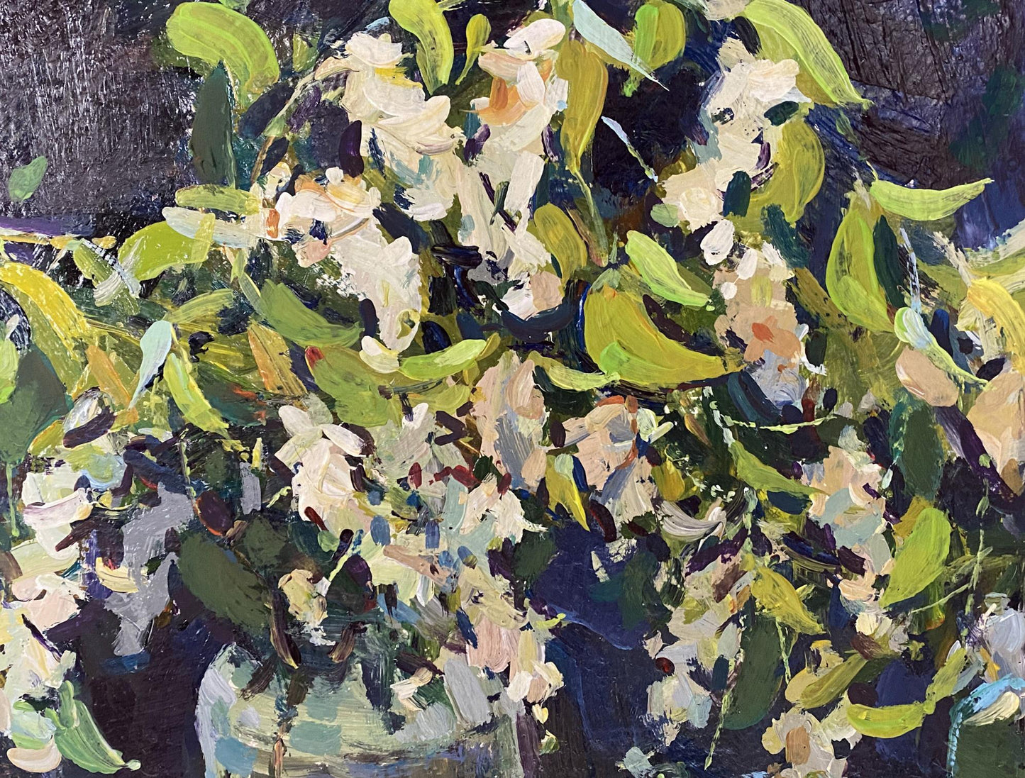 Vibrant impressionist oil painting of pale pink blossoms by Dragomirova Nina Stepanovna