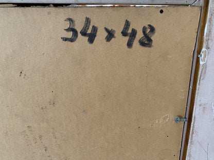 Back of Oil painting Portrait of a girl by Valentin Dmytrovych Khrushch with brown cardboard and black marker measurements