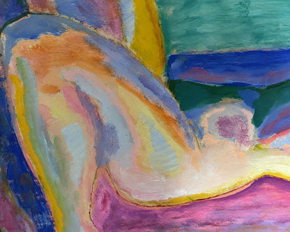 Oil painting portrait of female figure by Stanislav Ivanovich Sychov with abstract blended warm cool colors