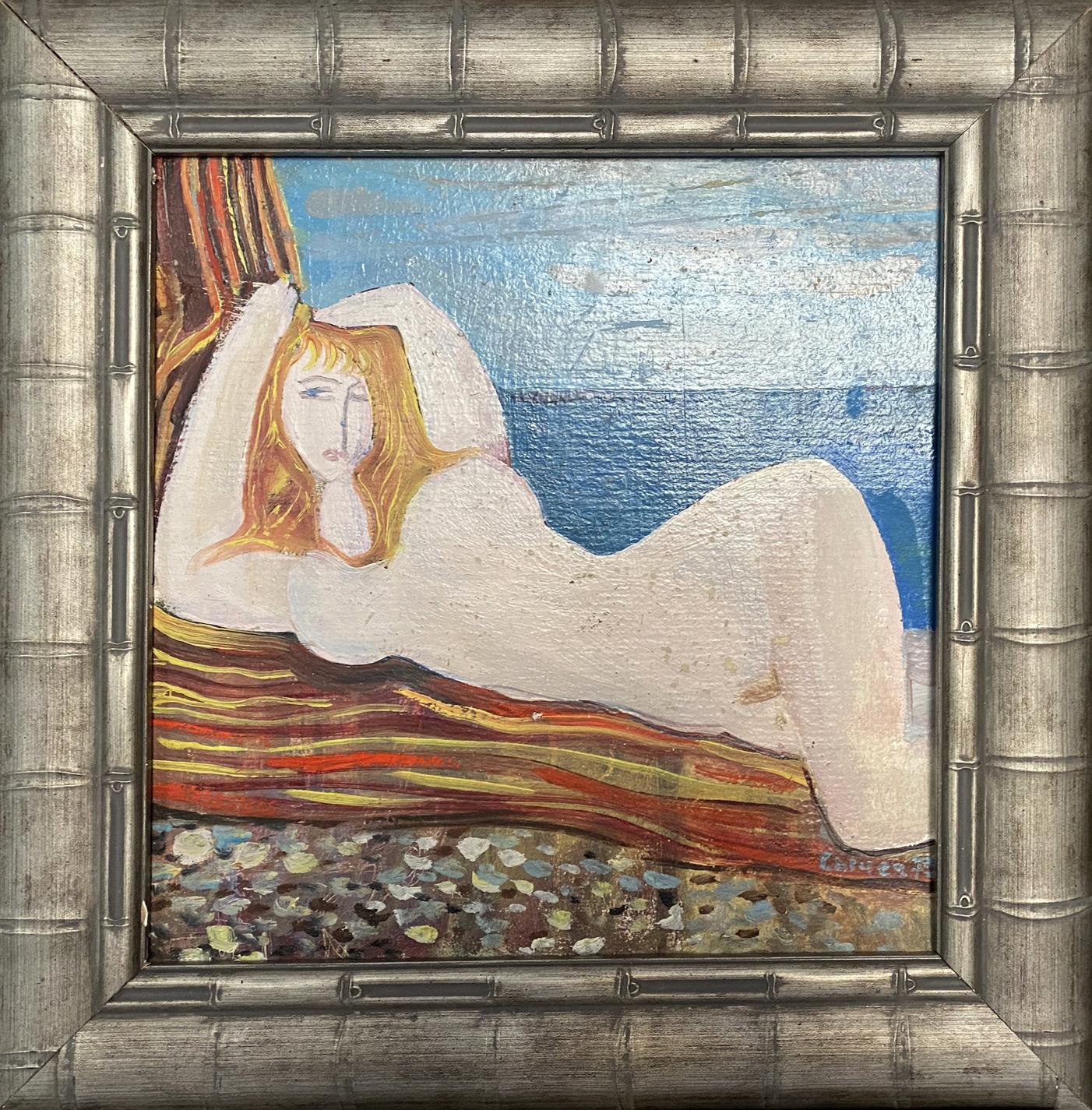 Oil painting of figure blonde girl on beach by Stanislav Ivanovich Sychov in silver bamboo frame