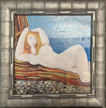 Oil painting of figure blonde girl on beach by Stanislav Ivanovich Sychov in silver bamboo frame