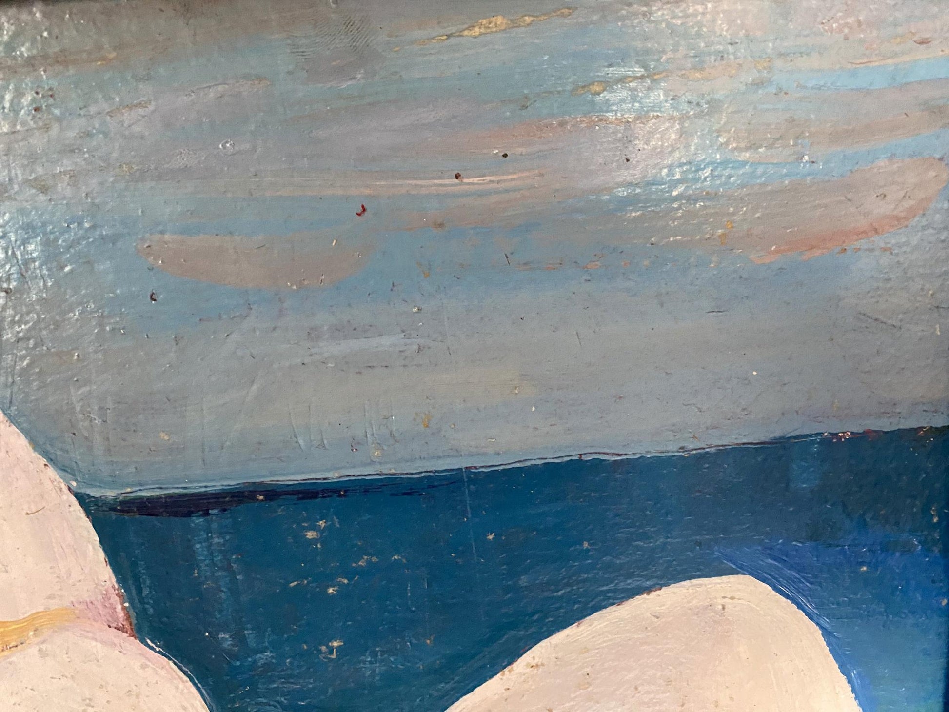 Oil painting of female figure on beach by Stanislav Ivanovich Sychov with abstract textured brushstrokes in light blue, pale pink, and deep navy