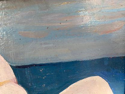 Oil painting of female figure on beach by Stanislav Ivanovich Sychov with abstract textured brushstrokes in light blue, pale pink, and deep navy