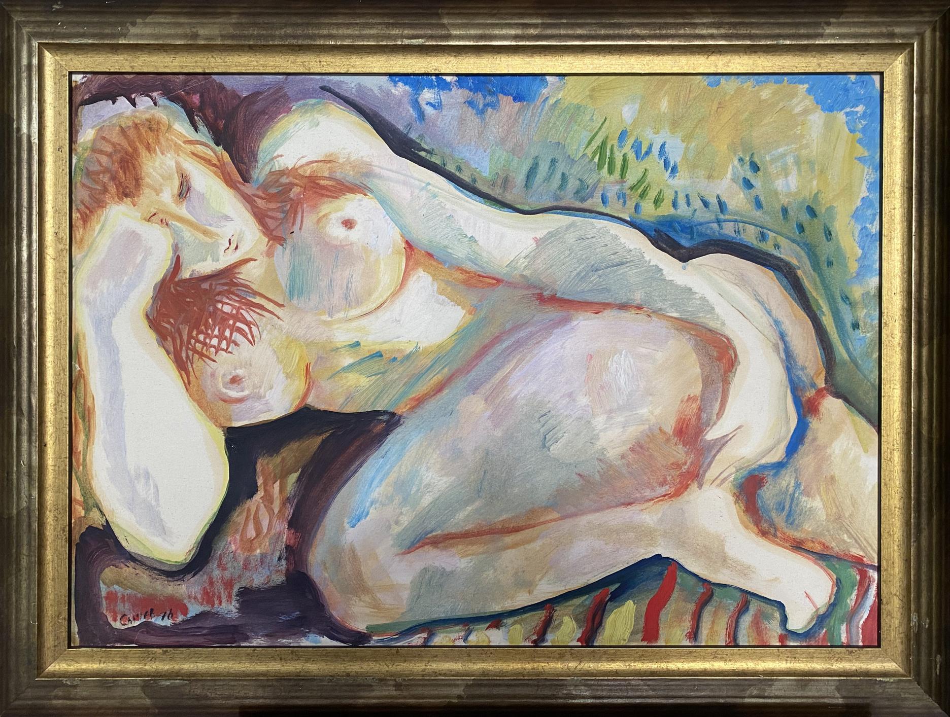 Oil painting of female figure on bed by Stanislav Ivanovich Sychov