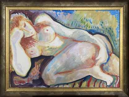 Oil painting of female figure on bed by Stanislav Ivanovich Sychov