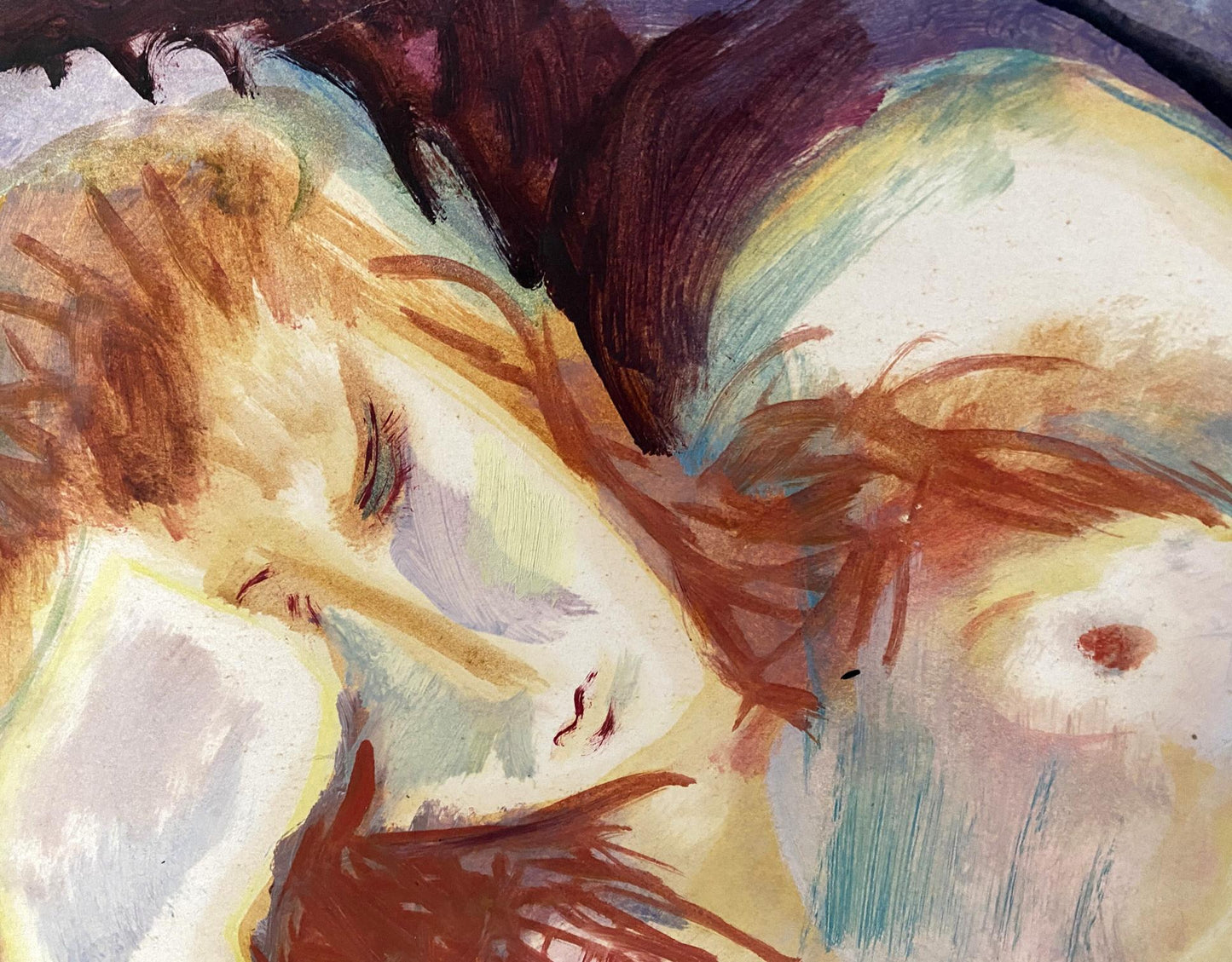 Oil painting of female figure sleeping on bed by Stanislav Ivanovich Sychov