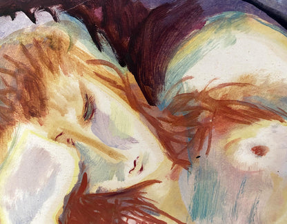 Oil painting of female figure sleeping on bed by Stanislav Ivanovich Sychov