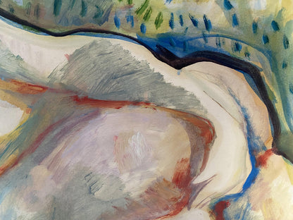 Oil painting of female figure on bed by Stanislav Ivanovich Sychov