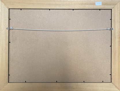 Back of light wood frame with silver wire and black brackets for Sychov figure oil painting