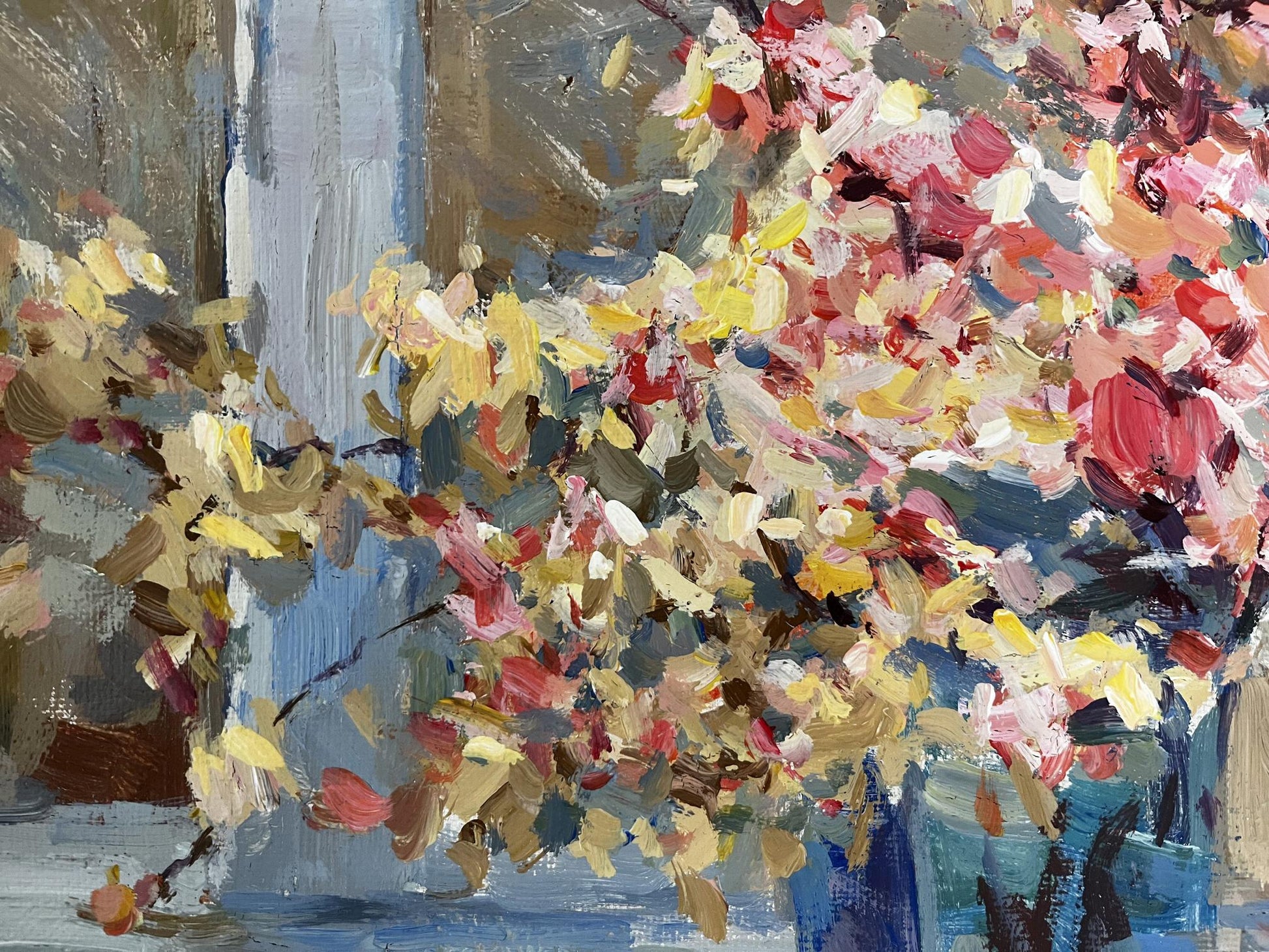Vibrant impressionistic oil painting of blooming cherry in blue vases by Ryman Evgeny Nikolaevich