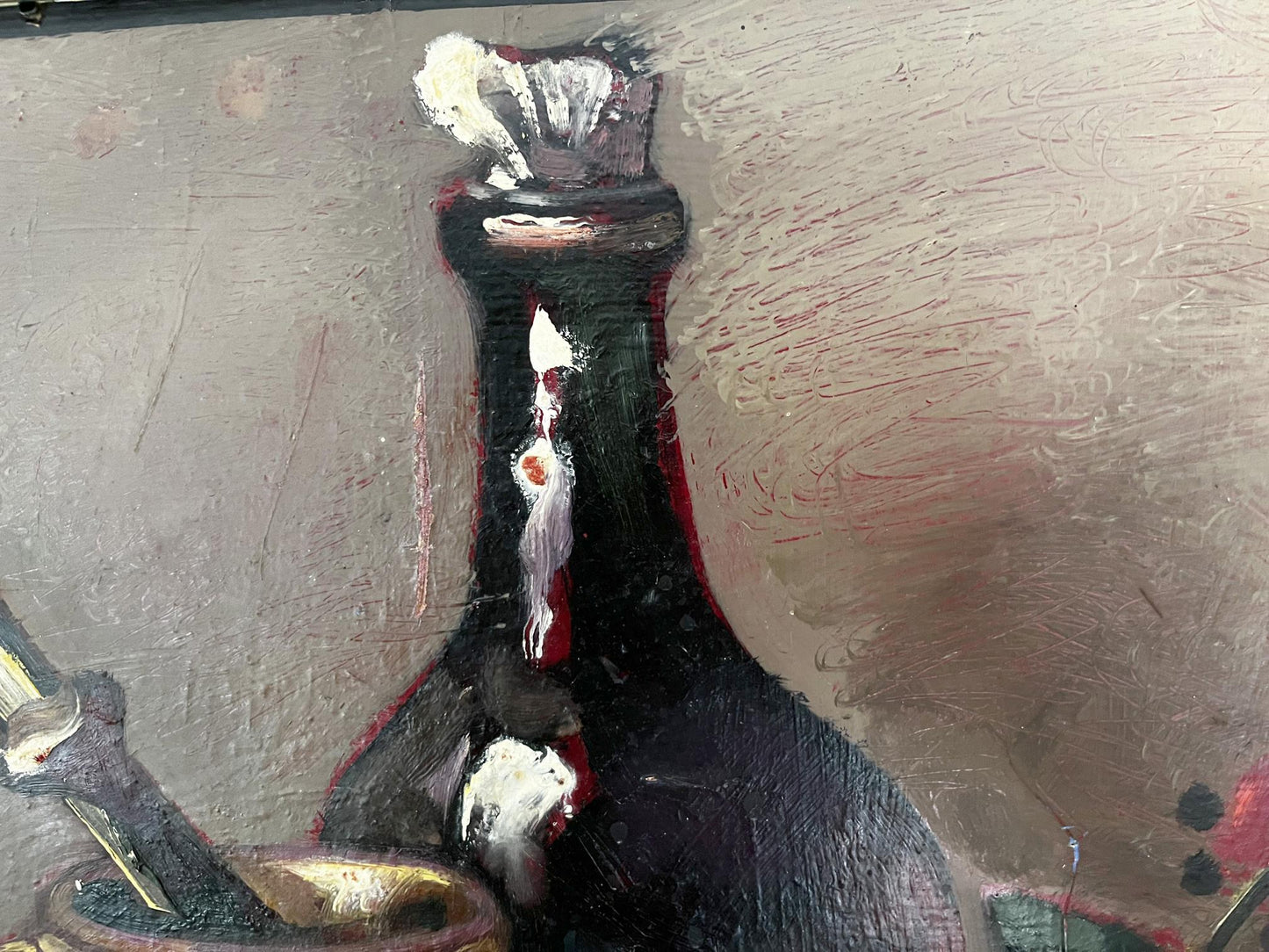 Oil painting of dark textured wine bottle by Prokopenko Nikolai Nikolaevich