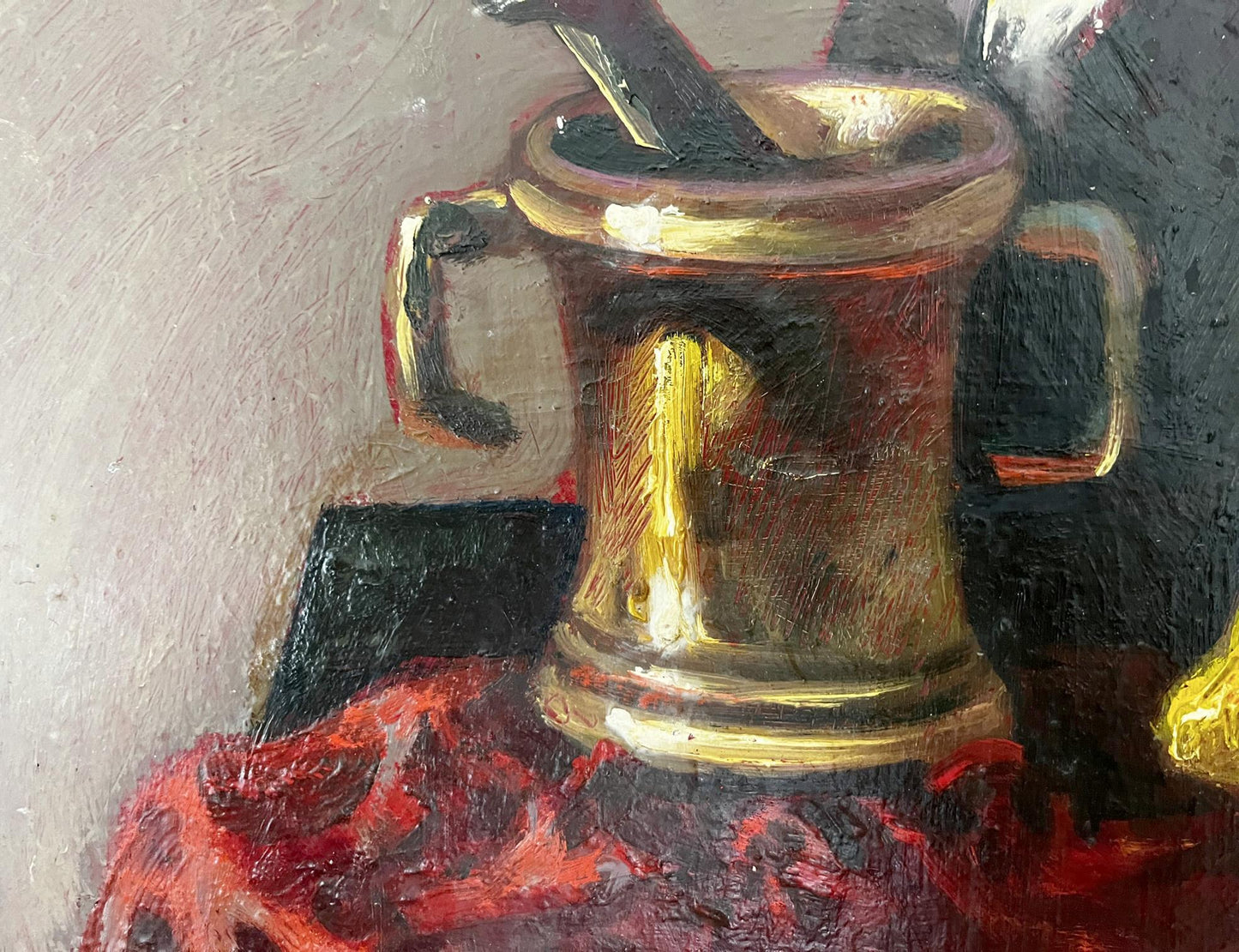 Oil painting by Prokopenko Nikolai Nikolaevich: golden brass mortar with pestle on red fabric
