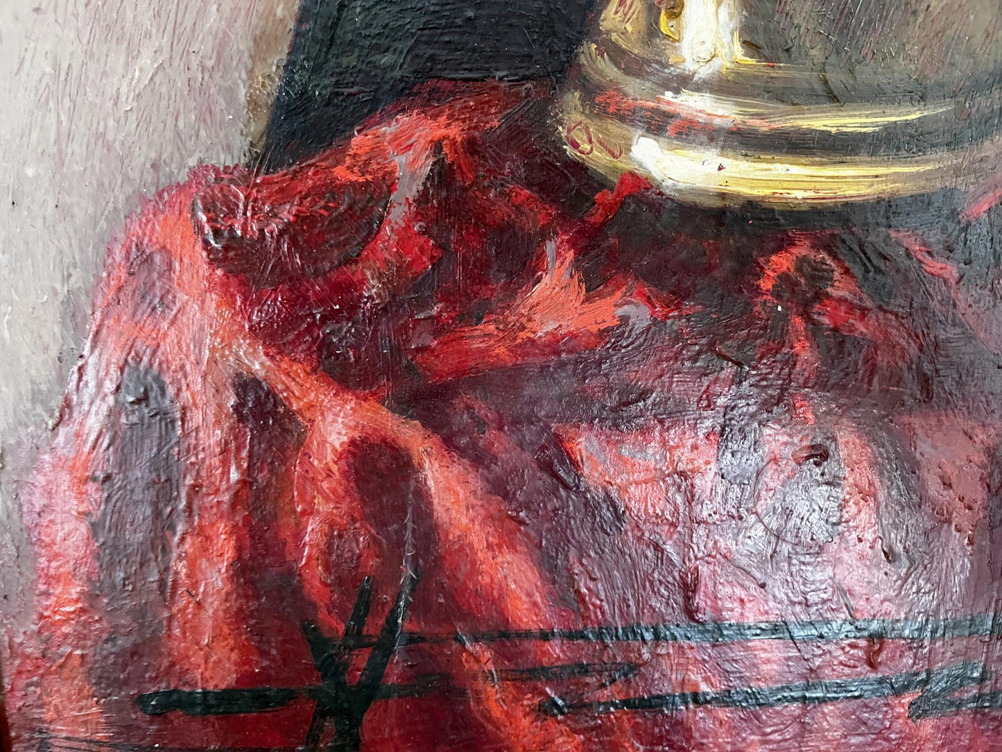 Oil painting Still life with mortar by Prokopenko Nikolai Nikolaevich on textured red fabric