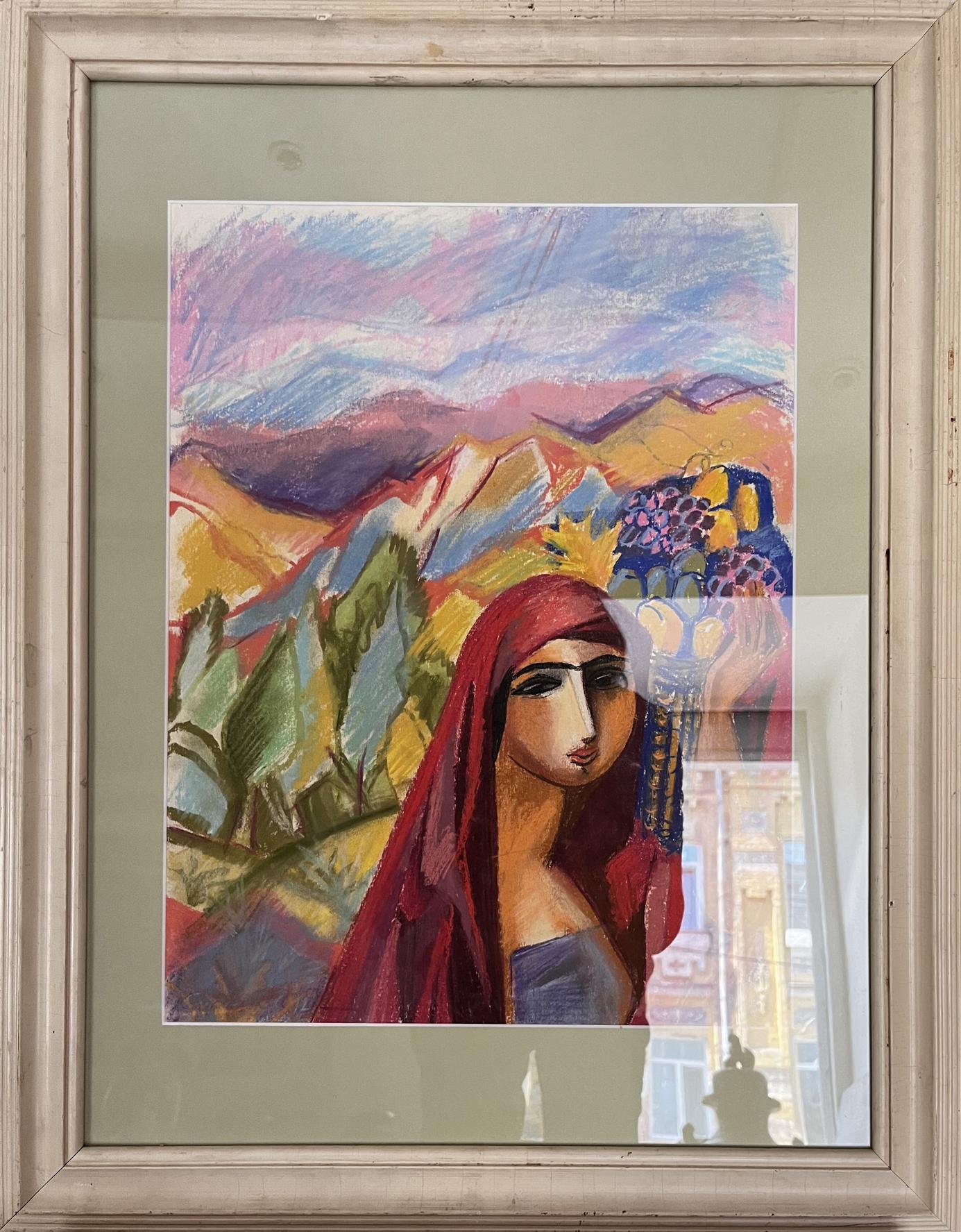 Vibrant pastel Mixed painting Girl in the Mountains by Stanislav Ivanovych Sychev
