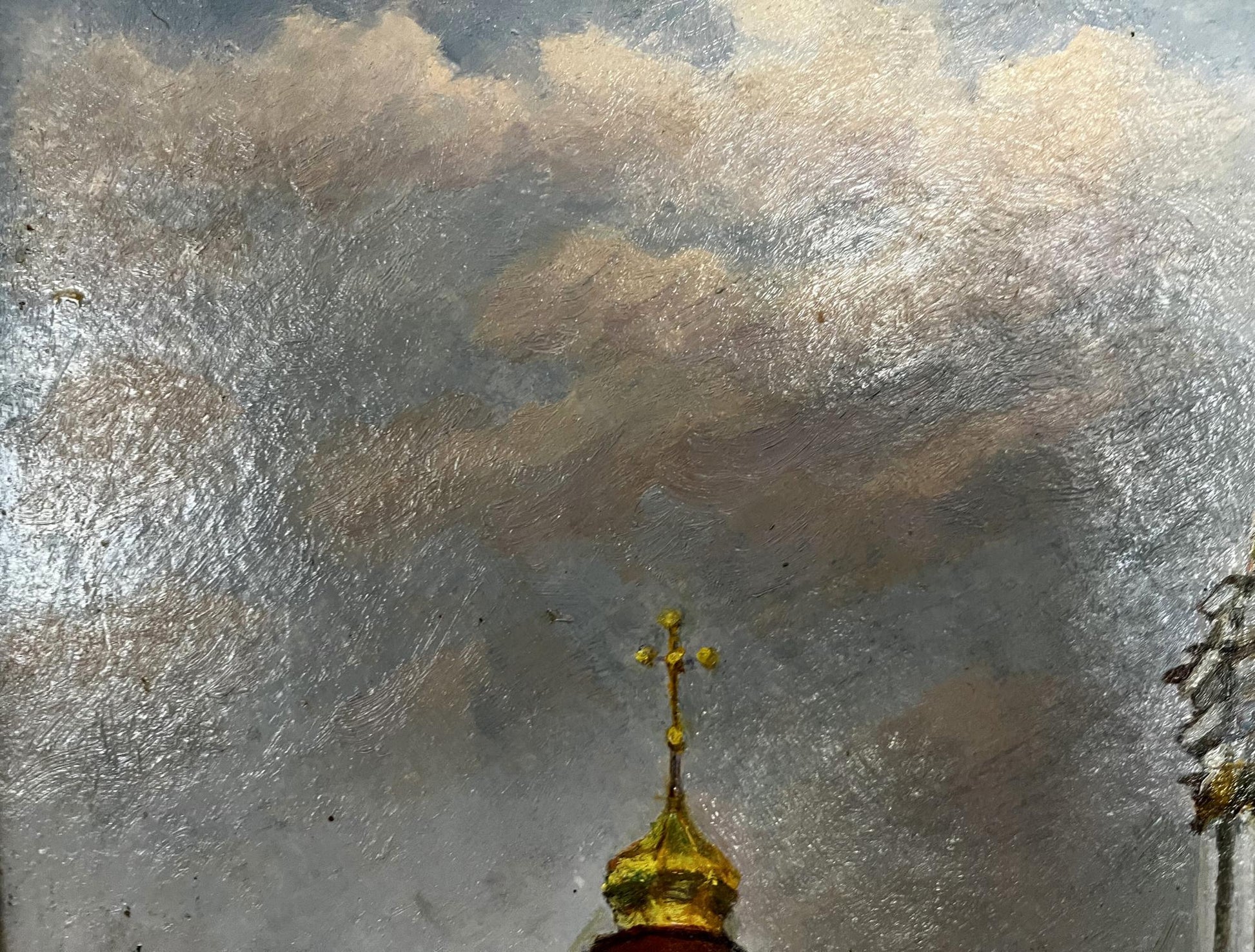 Golden onion dome with cross on Pechersk Lavra main entrance oil painting