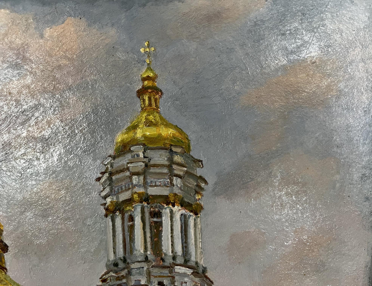 Oil painting of golden domed Pechersk Lavra main entrance by Leonid Drobot