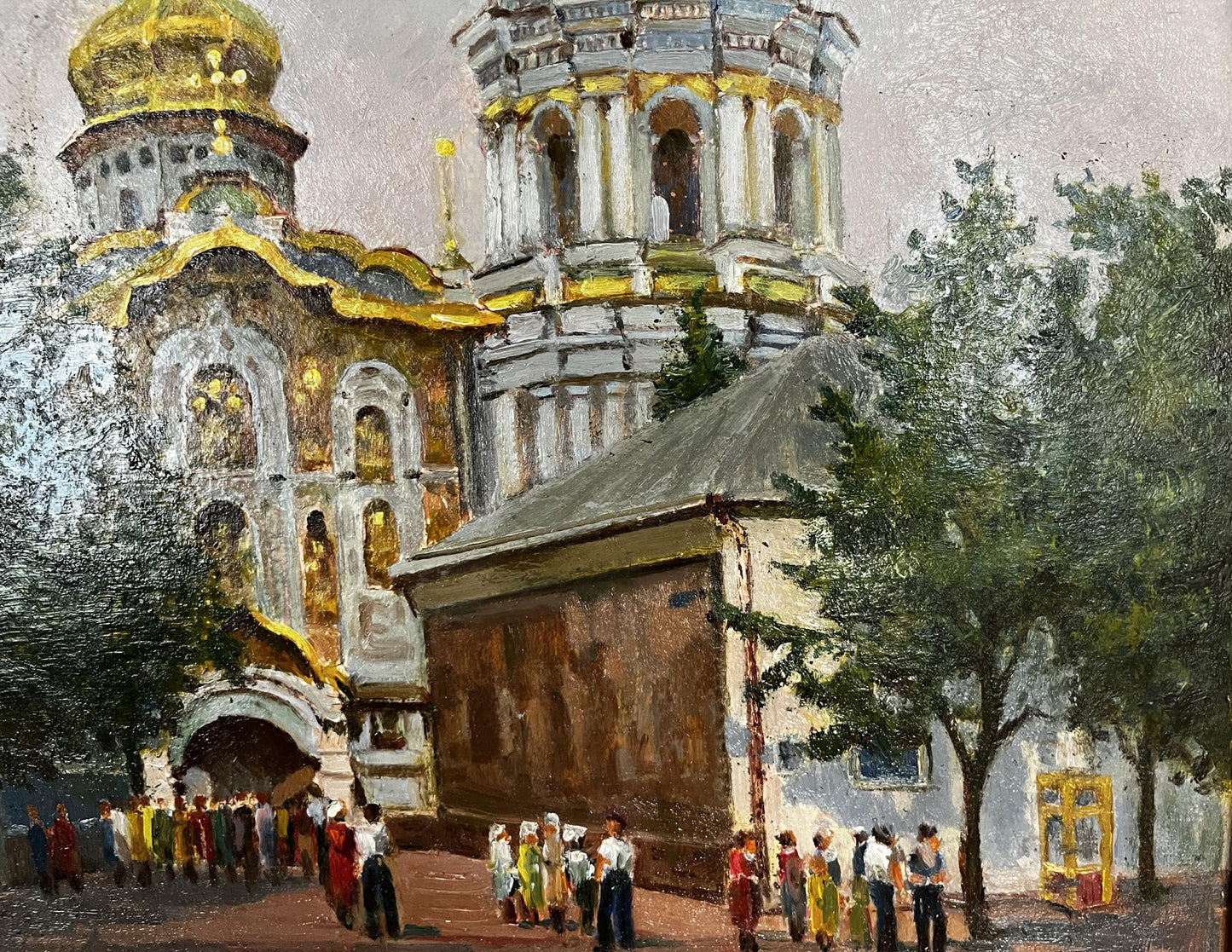 Oil painting of golden-domed Pechersk Lavra main entrance by Leonid Drobot