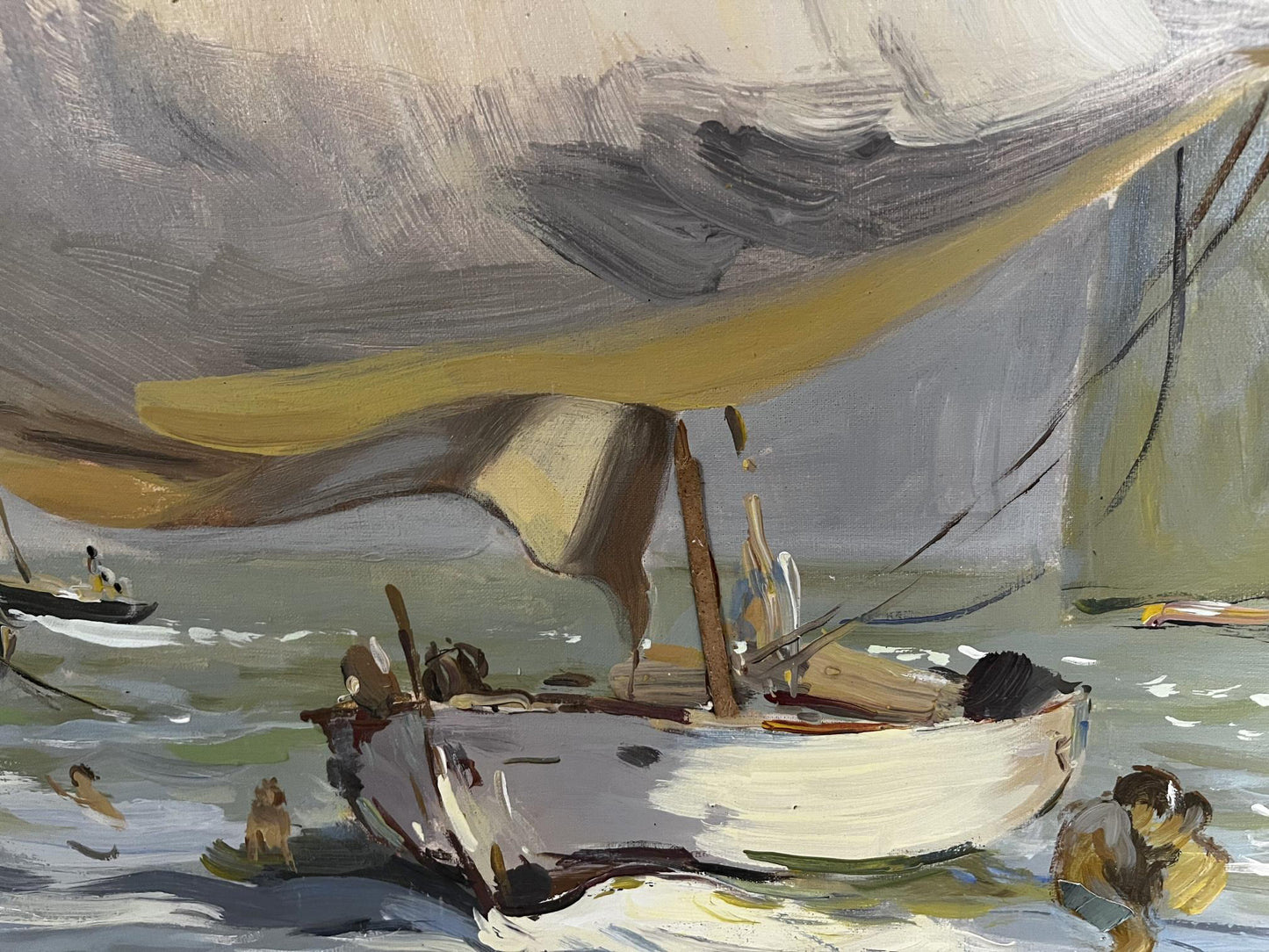 Impressionistic oil painting of weathered white boat with yellow sail by Barabash Svyatoslav Sergeevich