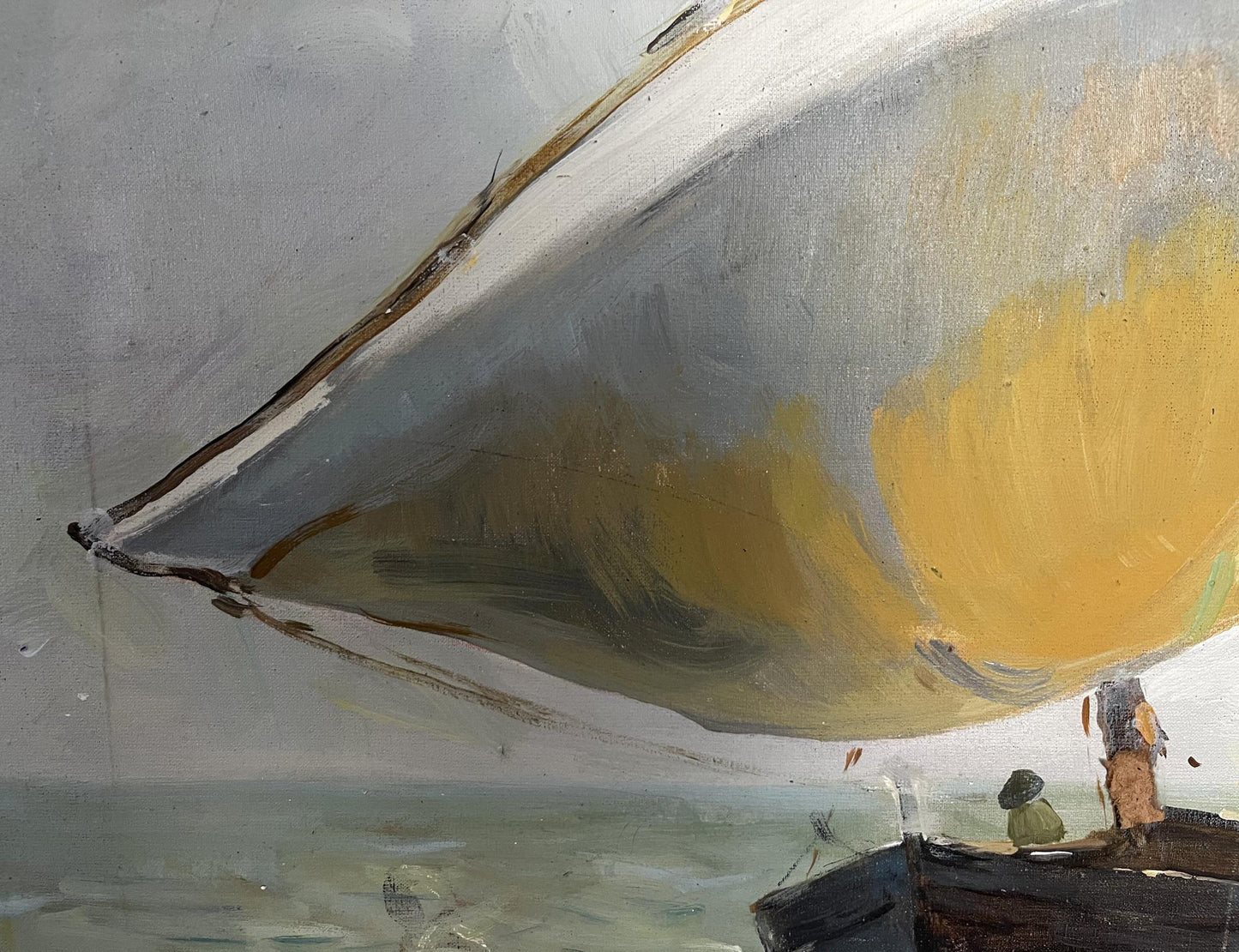 Oil painting of sailboat with billowing white and yellow sail by Barabash Svyatoslav Sergeevich