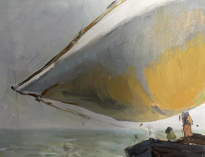 Oil painting of sailboat with billowing white and yellow sail by Barabash Svyatoslav Sergeevich
