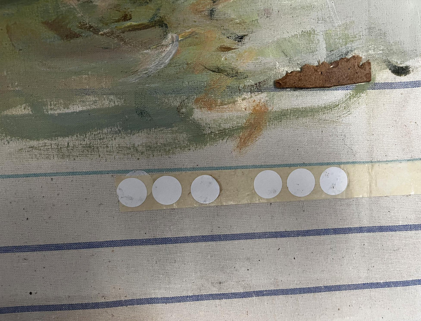 Back of Oil painting Boat boarding Barabash Svyatoslav Sergeevich with five white adhesive dots on beige backing