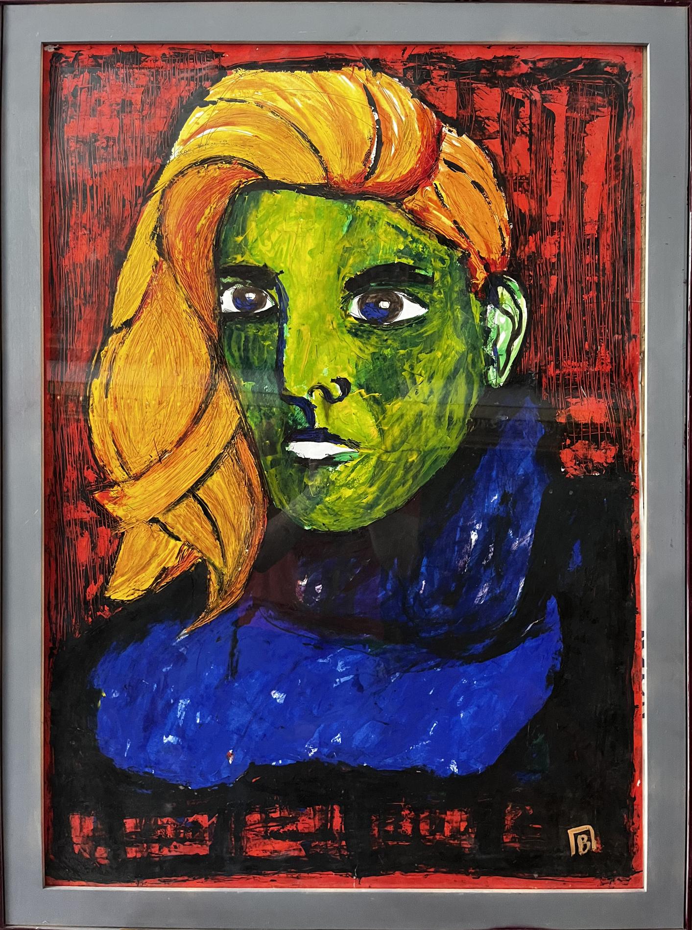 Vibrant oil painting portrait of green-skinned man Pavlov Victor on red background