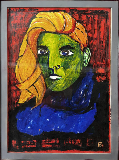 Vibrant oil painting portrait of green-skinned man Pavlov Victor on red background