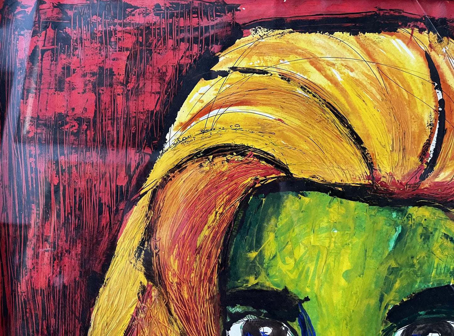 Vibrant oil painting portrait of man Pavlov Victor with yellow hair and green face on red background