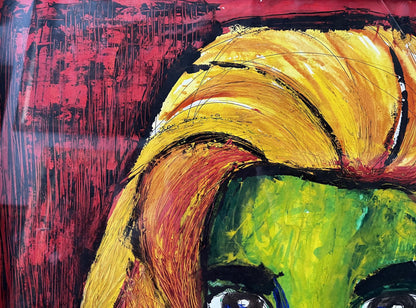Vibrant oil painting portrait of man Pavlov Victor with yellow hair and green face on red background