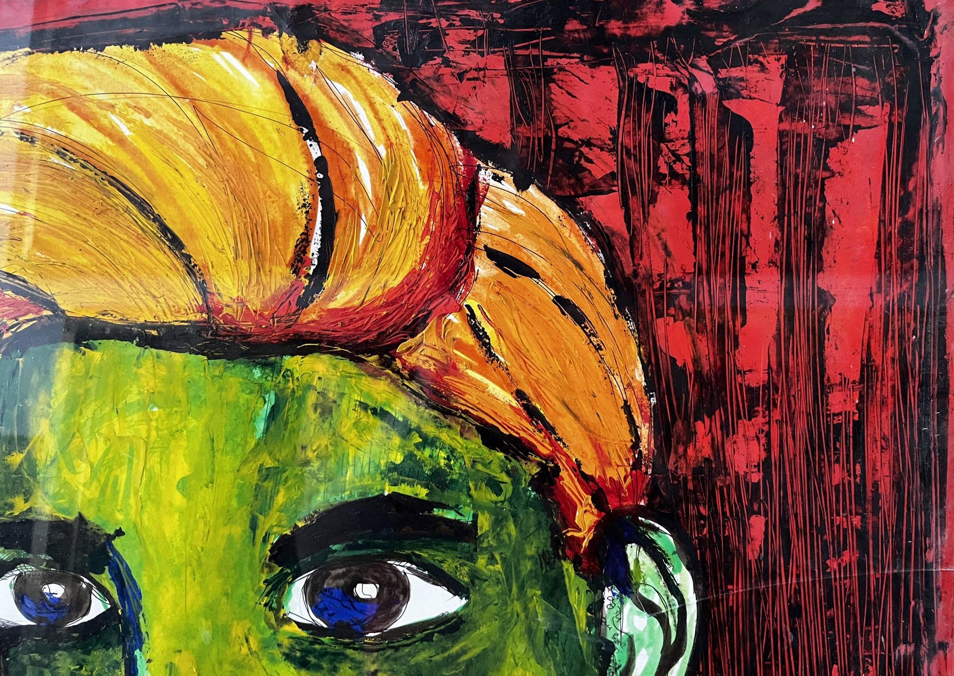 Oil painting portrait of Pavlov Victor man with green face blue eyes yellow hair on red background